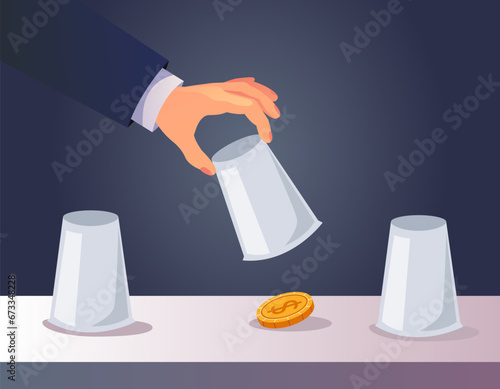 Winning guessing money game business safety trick hide strategy concept. Vector flat graphic design illustration