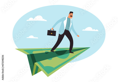 Money airplane paper dollar business sky fly investment finance concept. Vector flat graphic design illustration