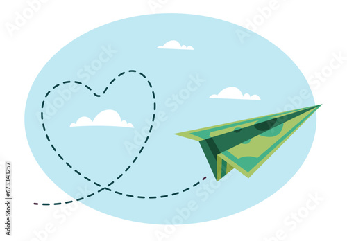 Money airplane paper dollar business sky fly investment finance concept. Vector flat graphic design illustration