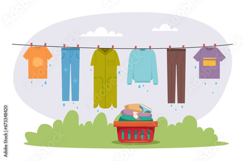 Clothes hang on laundry rope clothesline and dry concept. Vector flat graphic design illustration