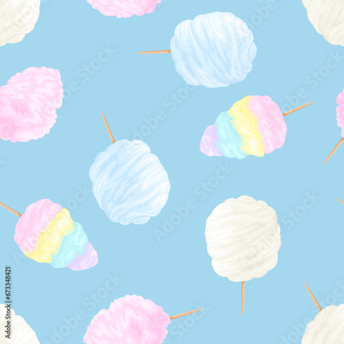 Colorful cotton candy on blue background. Sweets seamless pattern. Vector cartoon illustration. 
