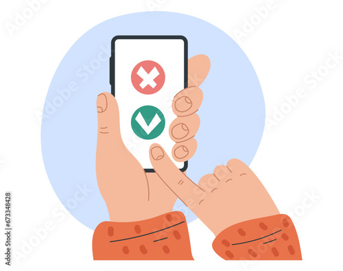 Hand hold smartphone with check mark device approve accept concept. Vector flat graphic design illustration 