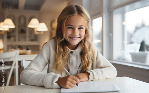 A smiling child girl is wri...