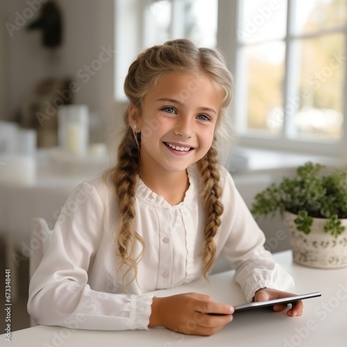 A smiling child girl is wri...