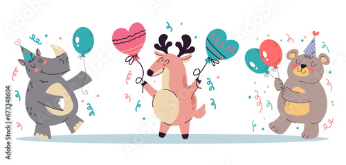 Fototapeta Naklejka Na Ścianę i Meble -  Birthday party cute jungle animals celebration isolated set. Vector flat graphic design illustration