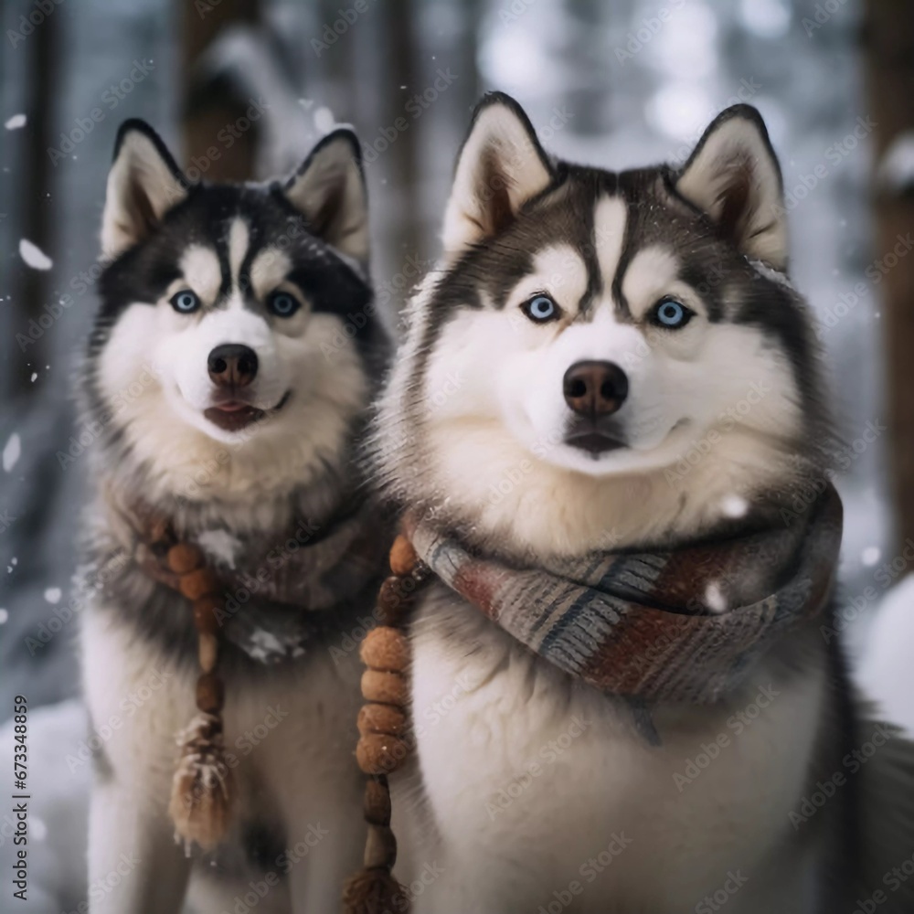 Two adorable husky dogs in the winter forest, AI generator