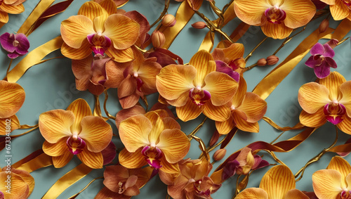 Seamless floral pattern for wall paper and print  colorful  golden orchid flower illustration as background  Generative AI