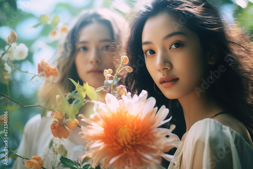 Image of flowers, plants and Asia women with blurred background, with empty copy space