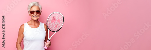 Elderly woman in a sports uniform holds tennis racket