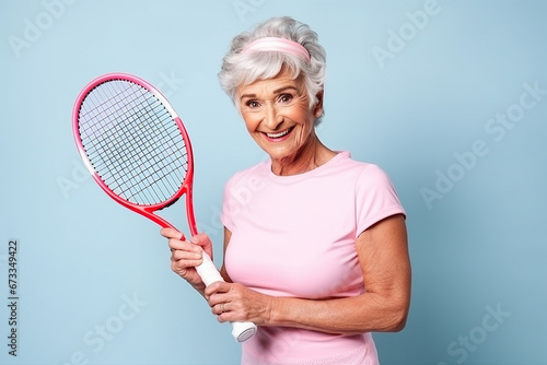 Elderly woman in a sports uniform holds tennis racket