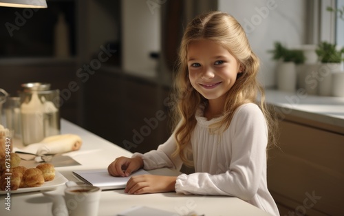 A smiling child girl is wri...