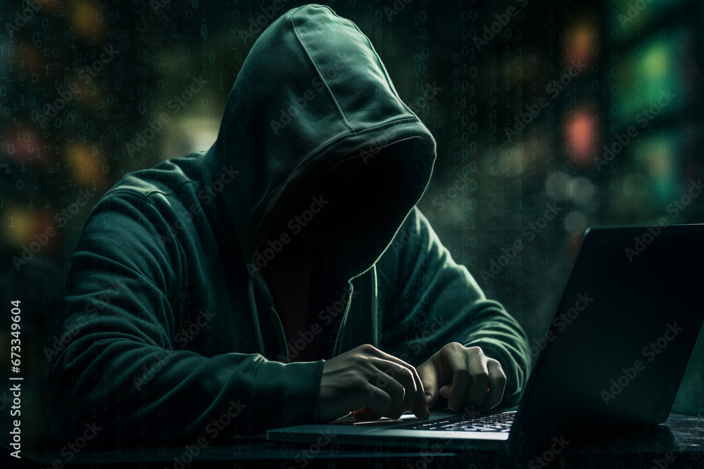 Hacker using computer for organizing massive data breach attack. Hacker in a dark room sitting at a computer Hacker using computer for organizing massive data breach attack. Hacker in a dark room sitting at a computer