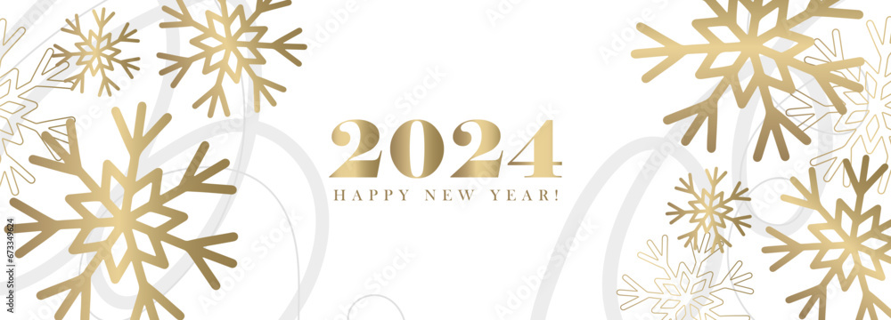 White New Year and Christmas banner, poster, background, card with golden snowflakes. New Year 2024