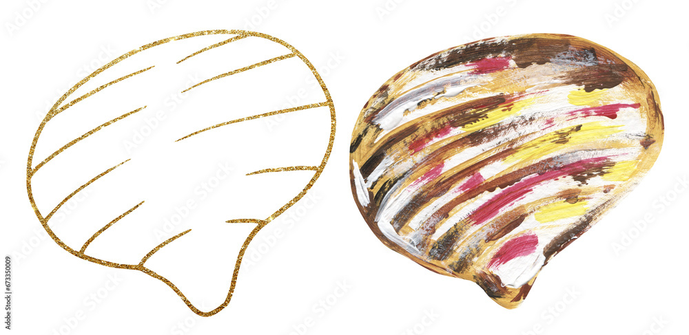 Acrylic hand painted sea shells illustration, golden graphic liner ...