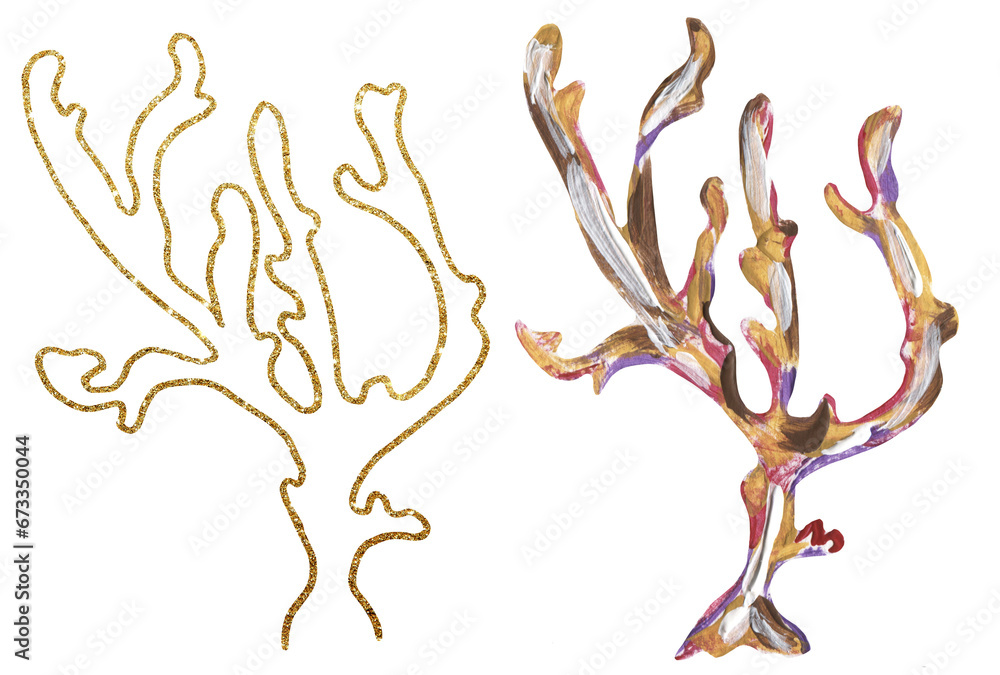 Fototapeta premium Acrylic hand painted sea coral illustration, golden graphic liner corals clipart, ocean life clip art