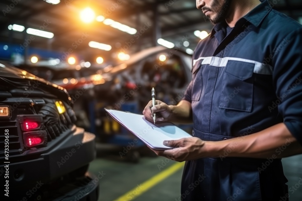 Man in work uniform takes notes on clipboard while inspecting mechanism in car repair shop. - obrazy, fototapety, plakaty 