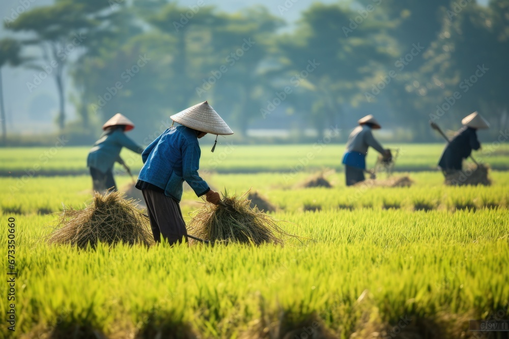 Chinese workers harvest crops in field in warm weather on sunny day of summer. Chinese workers harvest crops in field in warm weather on sunny day of summer.