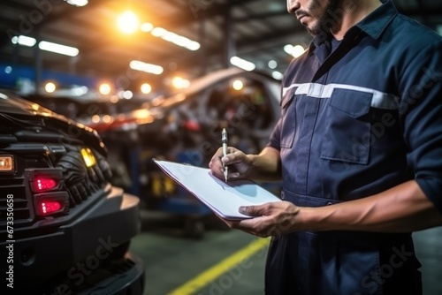 Man in work uniform takes notes on clipboard while inspecting mechanism in car repair shop.