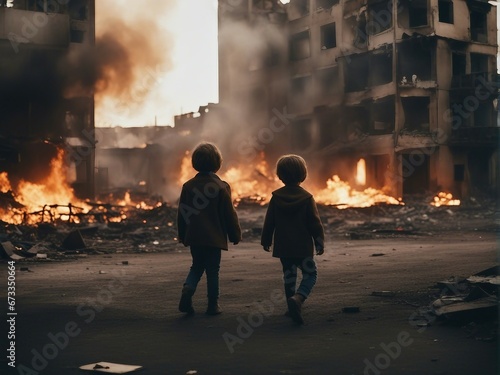 Innocent childrens playing game in front of buildings that have been bombed and are engulfed in flames.   © abu