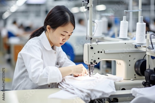 Young Asian woman tailor with appearance sews things from natural fabric using sewing machine at clothes making factory.