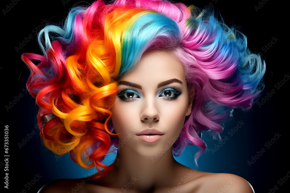 Portrait of a beautiful girl with rainbow neon asymmetric hair style on black background.