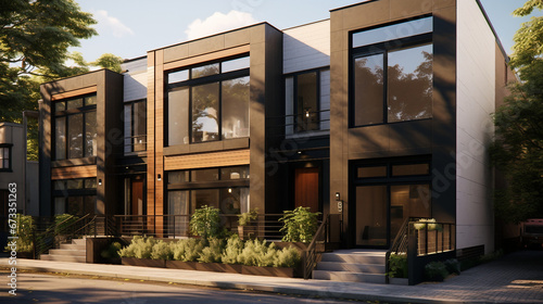 realistically rendered modern modular private townhouse with a minimalist architectural exterior. essence of contemporary residential design © J.V.G. Ransika