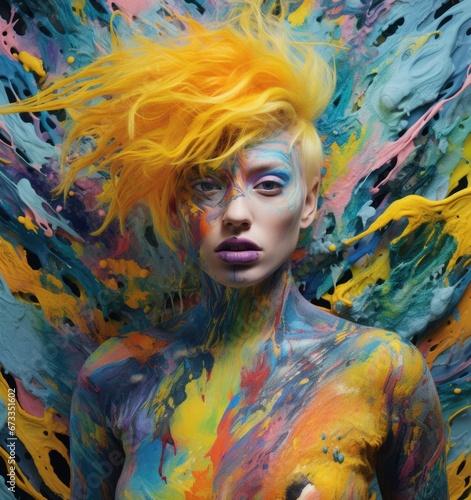 A captivating portrait of a beautiful woman adorned with colorful paint splashes, exuding sensuality and creativity. (156 characters) Generative AI.