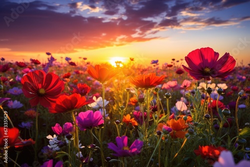 Un champ de fleurs colorées au printemps sous un magnifique coucher de soleil #673351629