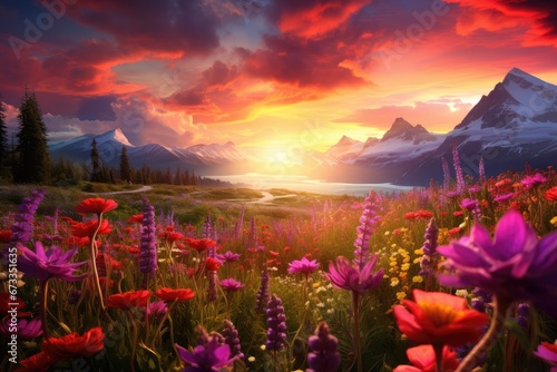 Un champ de fleurs colorées au pied des montagnes, au printemps sous un magnifique coucher de soleil