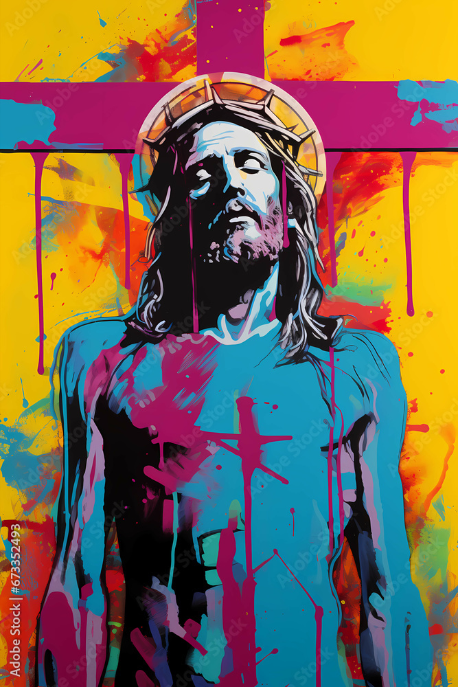 Jesus crucified crown of thorns pop art style, yellow with purple blue ...