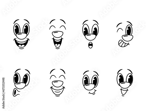 Classic Retro Emoji Black And White Set Captures The Essence Of Vintage Emoticons. Simple Cartoon Characters
