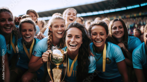 Laughing female athletes with soccer trophy in stadium photo