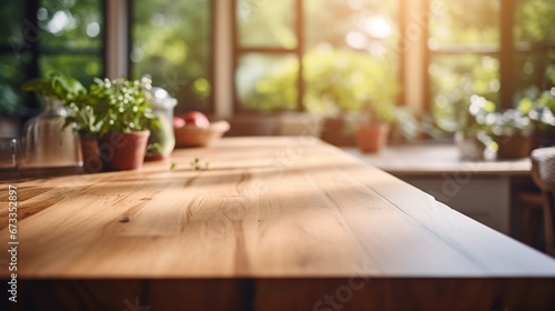 Close up wooden table with plant in modern interior kitchen  sunny day.