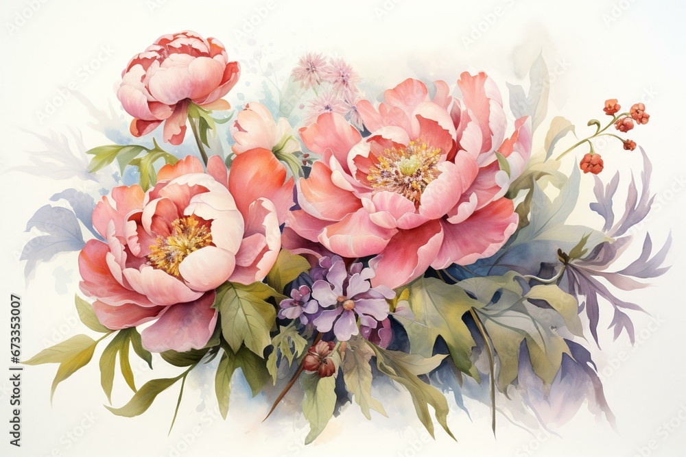 Artistic floral arrangement with a peony motif painted using watercolors. Generative AI