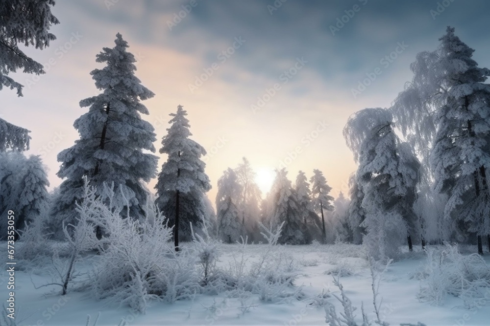 Snow-covered pine trees on frosty evening. Winter panorama. Generative AI