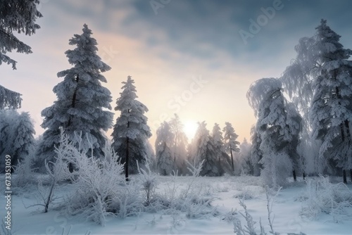 Snow-covered pine trees on frosty evening. Winter panorama. Generative AI © Saffron