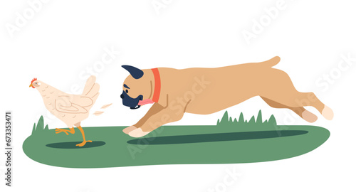 French Bulldog Dog Character Aggressively Chasing A Chicken Exhibits Predatory Behavior, Posing Risk To The Bird Safety