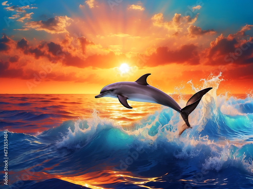 dolphin jumping from the shining sunset surface of sea water and some colorful fish around © mhpoint