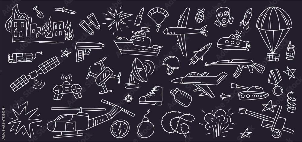 Vector collection of army and war symbols hand-drawn in doodle style Vector collection of army and war symbols hand-drawn in doodle style