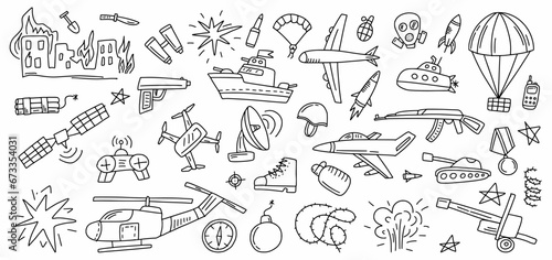 Vector collection of army and war symbols hand-drawn in doodle style
