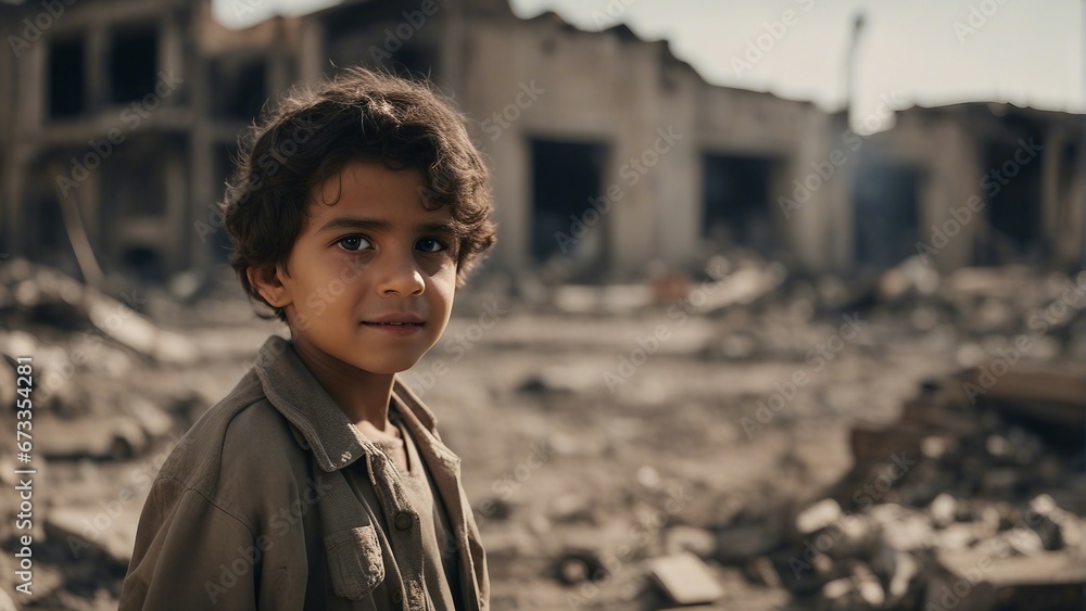 Portrait of innocent middle eastern child in front of bombed and burning buildings Portrait of innocent middle eastern child in front of bombed and burning buildings