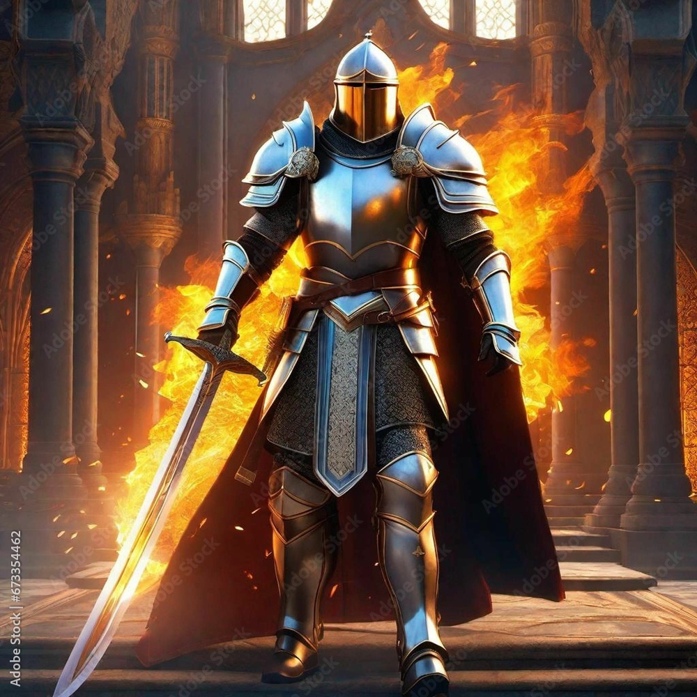 AI generated illustration of a knight in shining armor stands in the ...