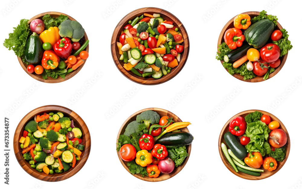 Set of top view green vegan salad mix with various of vegetable on wooden bowl isolated on transparent png background, healthy food with high fiber and vitamin concept. Set of top view green vegan salad mix with various of vegetable on wooden bowl isolated on transparent png background, healthy food with high fiber and vitamin concept.