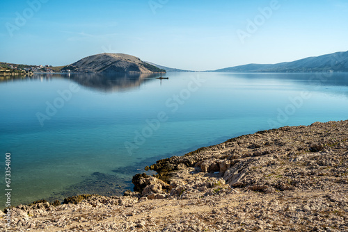 Panoramic view of the town Pag over the Pag Bay, Pag Island, Croatia.