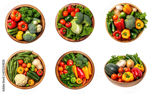 Set of top view green vegan salad mix with various of vegetable on wooden bowl isolated on transparent png background  healthy food with high fiber and vitamin concept.