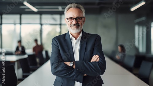 elegant smiling professional senior male company executive leader crossing arms in board room. generative AI