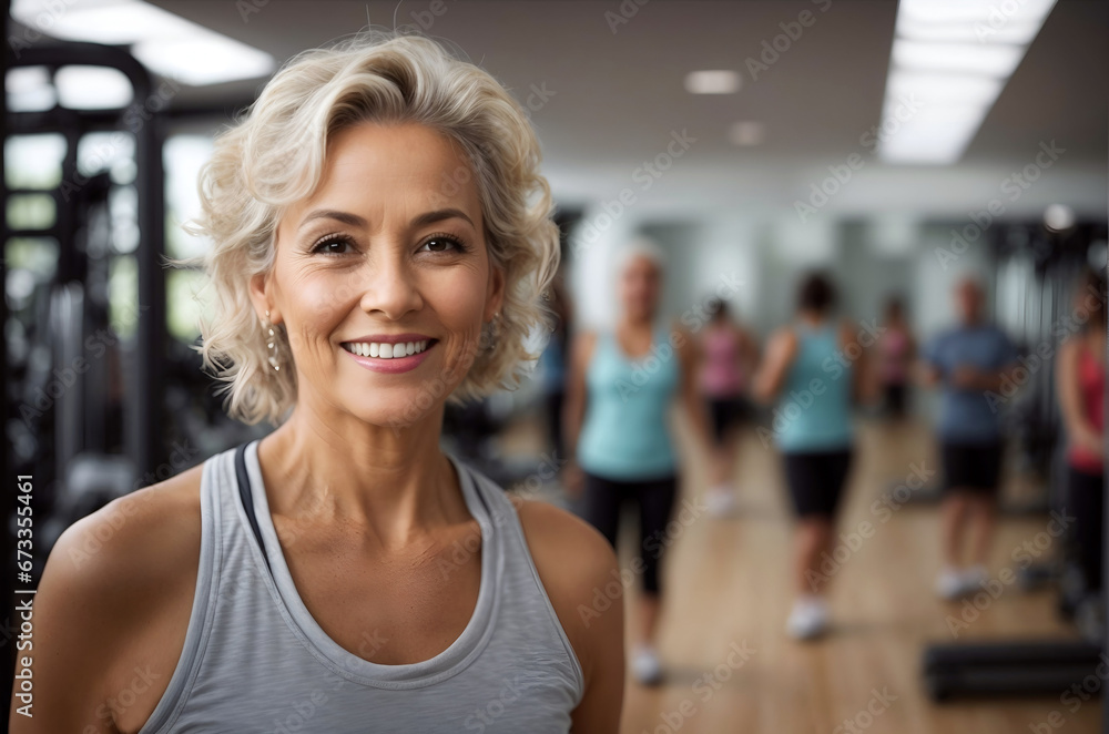 Portrait of smiling senior woman exercising in a fitness studio or gym, leading healthy lifestyle, copy space. Retirement hobby and leisure activity for elderly people. Portrait of smiling senior woman exercising in a fitness studio or gym, leading healthy lifestyle, copy space. Retirement hobby and leisure activity for elderly people.
