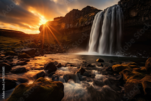 Icelandic waterfall at sunset © Kien