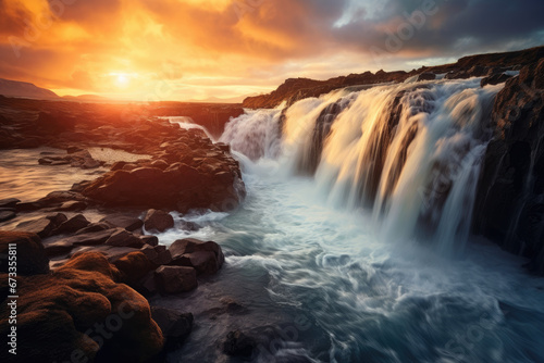 Icelandic waterfall at sunset