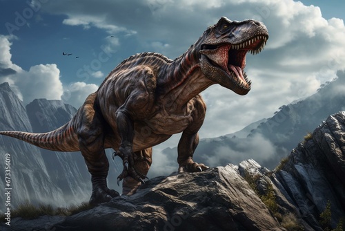Tyrannosaurus Rex atop a mountain rock. Generative AI © Caspian
